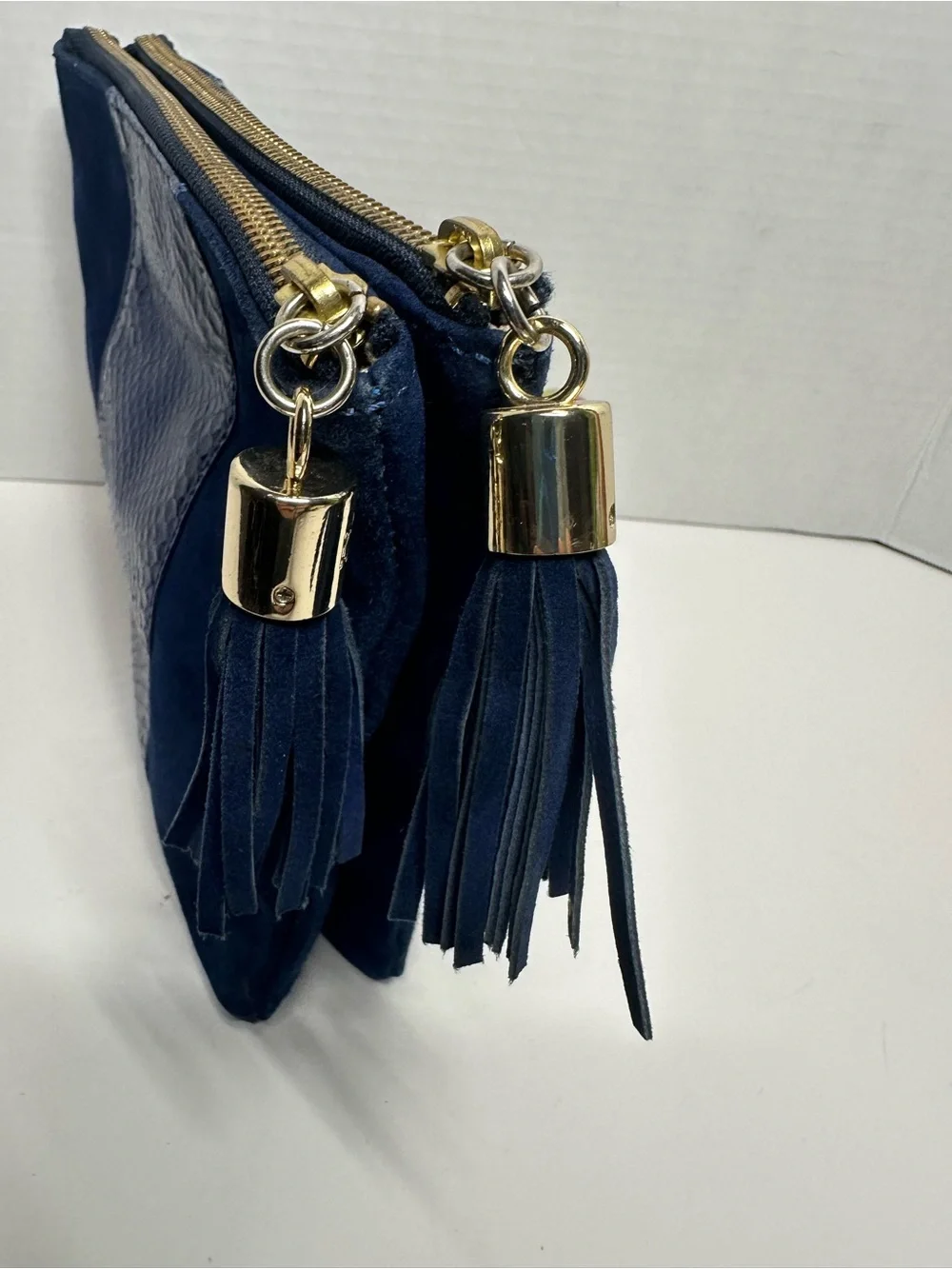 Ann Taylor Navy Suede Cosmetic Pouch with Snake-Embossed Panel